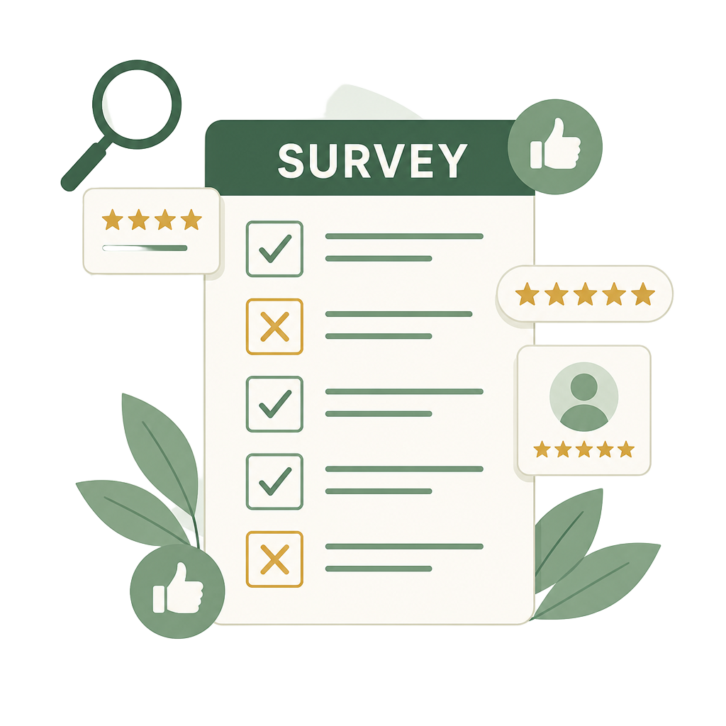 Illustration of a survey card with tick boxes, star ratings and thumbs up badges